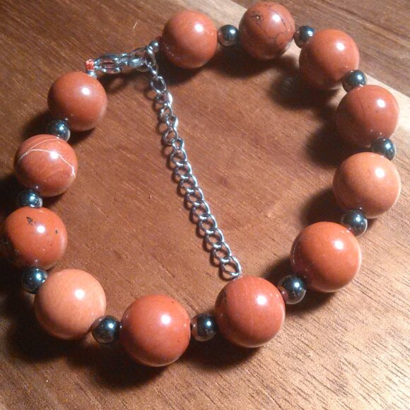 Red Jasper and Hematite Rhodium over Stainless Steel Beaded Bracelet - Picture 5 of 9